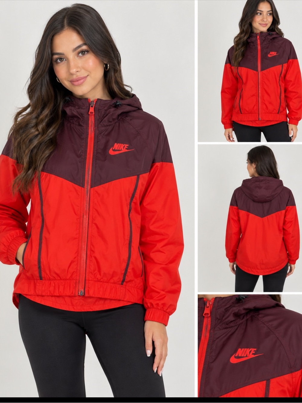 Nike Women's Red and Burgundy Hooded Bomber Jacket